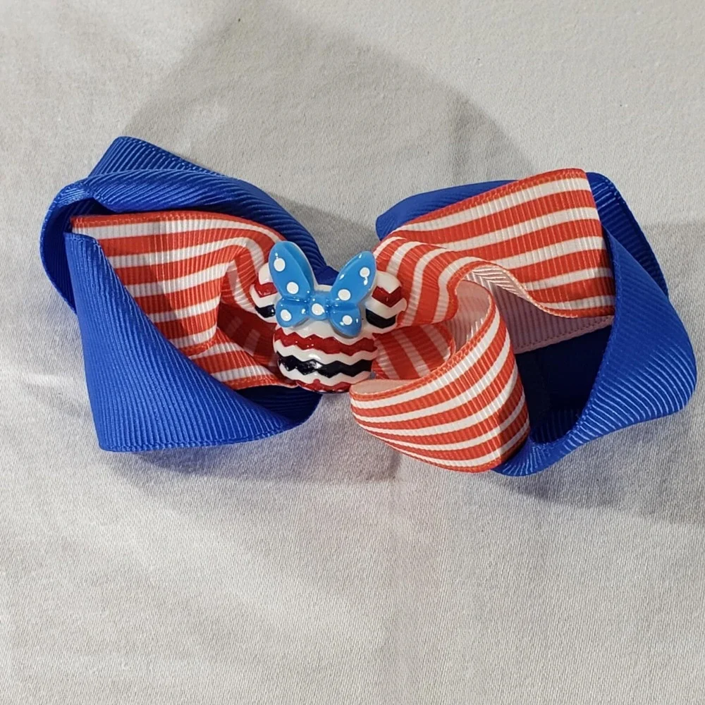 American Flag 4th of July Patriotic 2 Disney & 1 Heart Girls Bows Hair Clips 3Pk